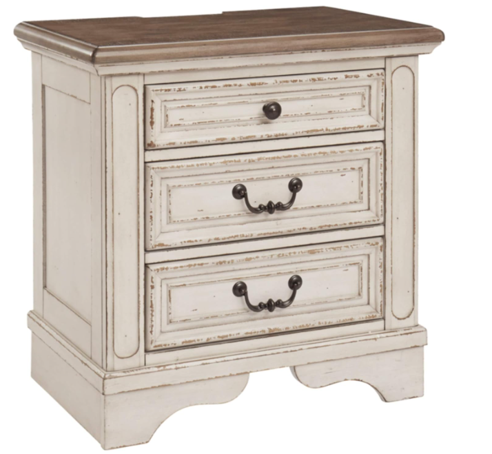 Signature Design by Ashley Realyn French Country 3 Drawer Nightstand with Electrical Outlets & USB Ports, Chipped White